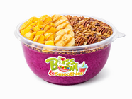 Smoothie bowl with mango, banana, granola, and 'Bliss Bowl & Smoothies' logo