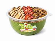 Bliss Bowl & Smoothies: green bowl with banana, strawberry, granola
